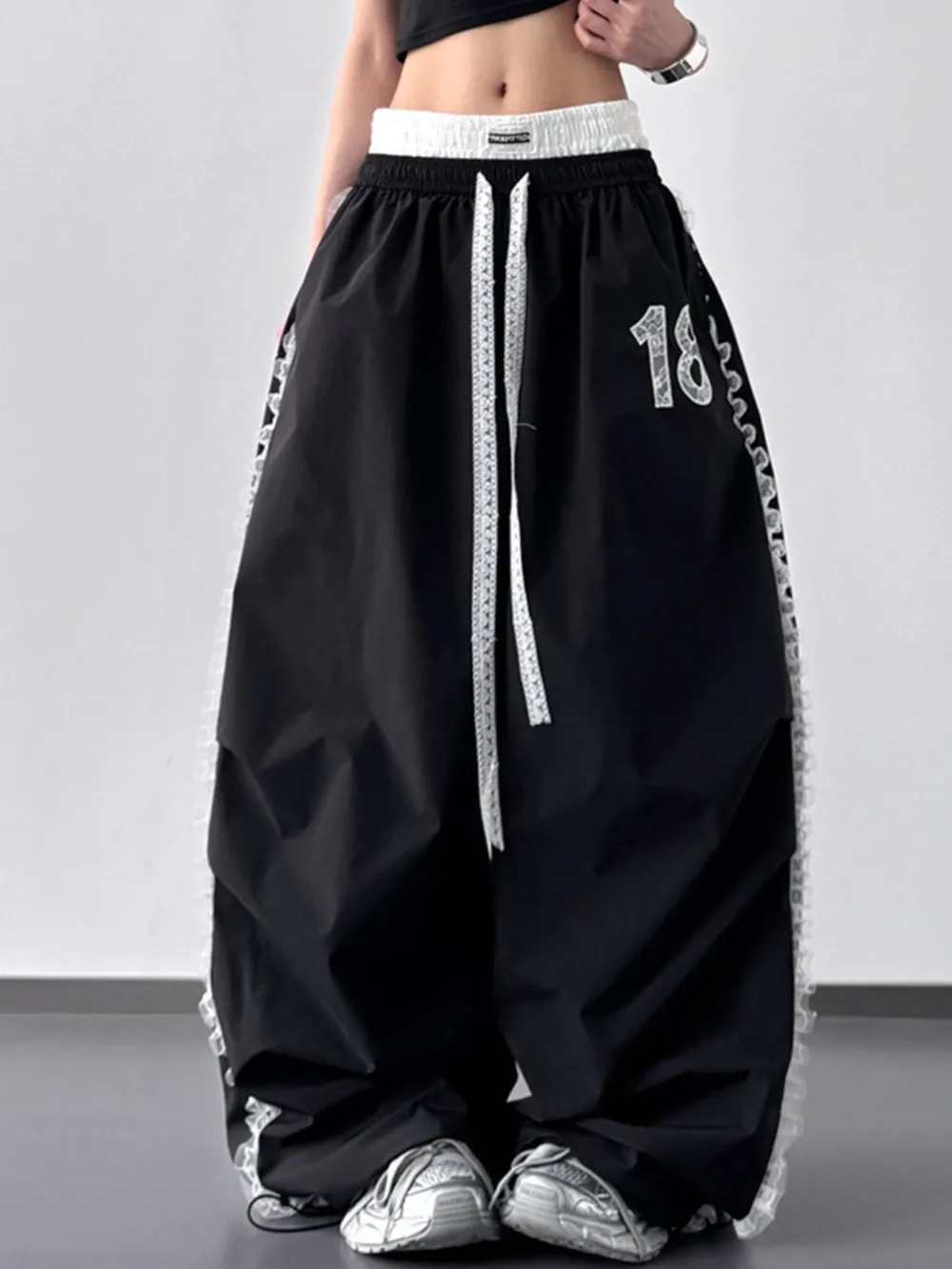 Lace Detail Drawstring Wide Leg Pants, image 4
