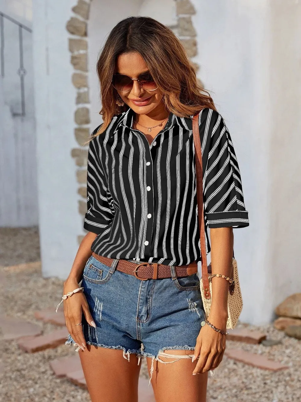 Striped Collared Neck Half Sleeve Shirt