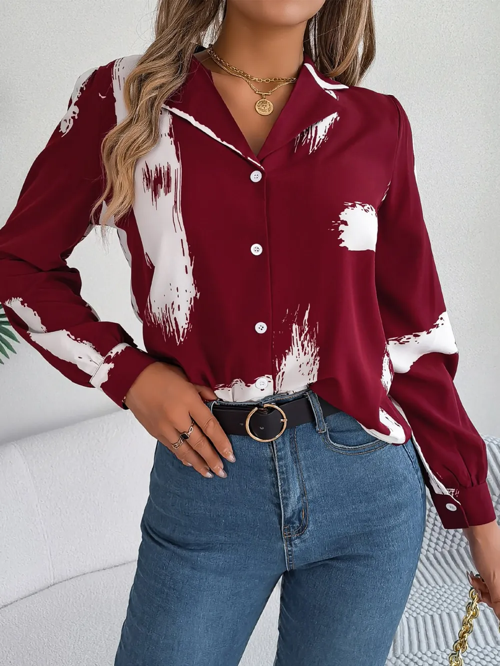 Printed Collared Neck Button Up Shirt, image 9