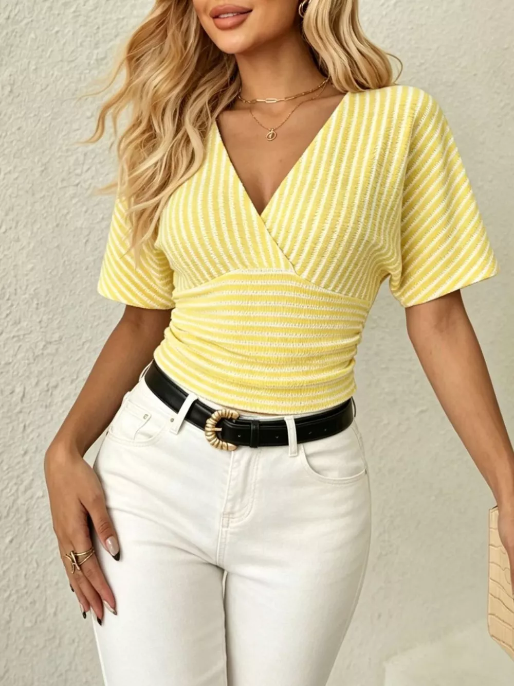 Striped Surplice Short Sleeve Top, image 2