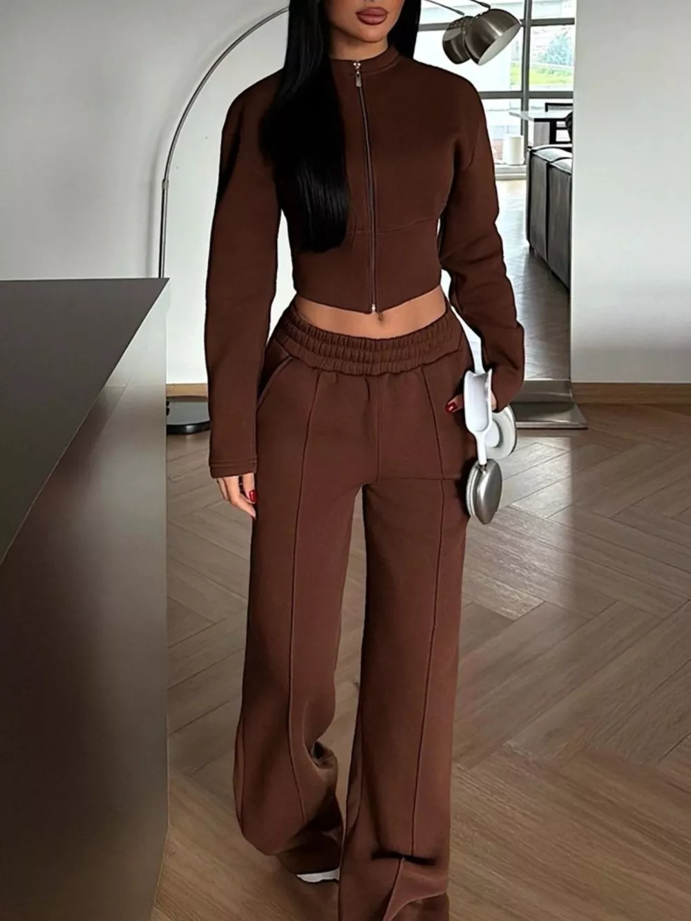 Zip-Up Crop Jacket and Wide-Leg Pants Set, image 11