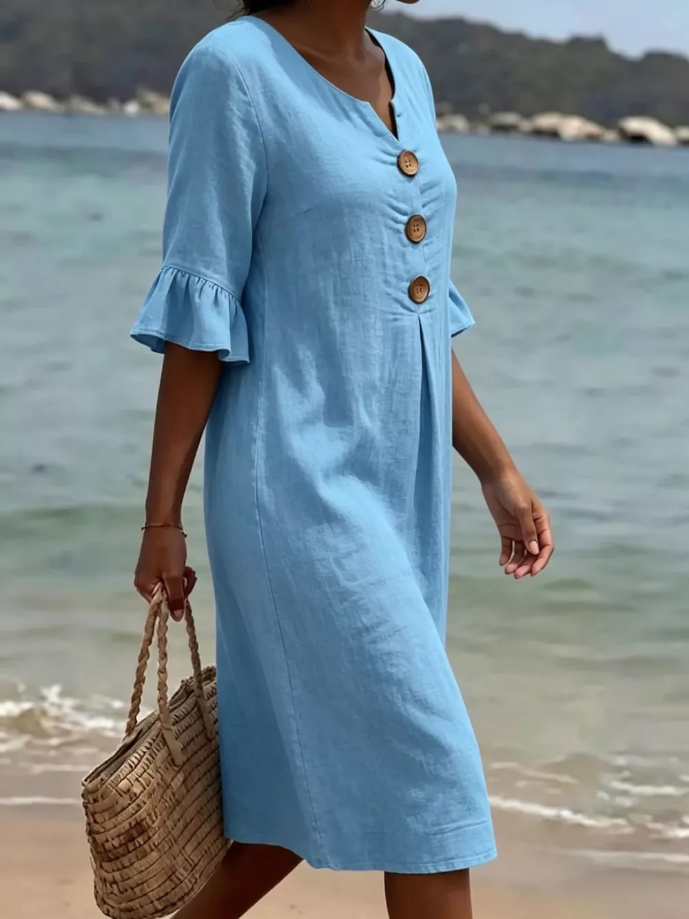 Full Size Button Decor Flounce Sleeve Dress Plus Size, image 8