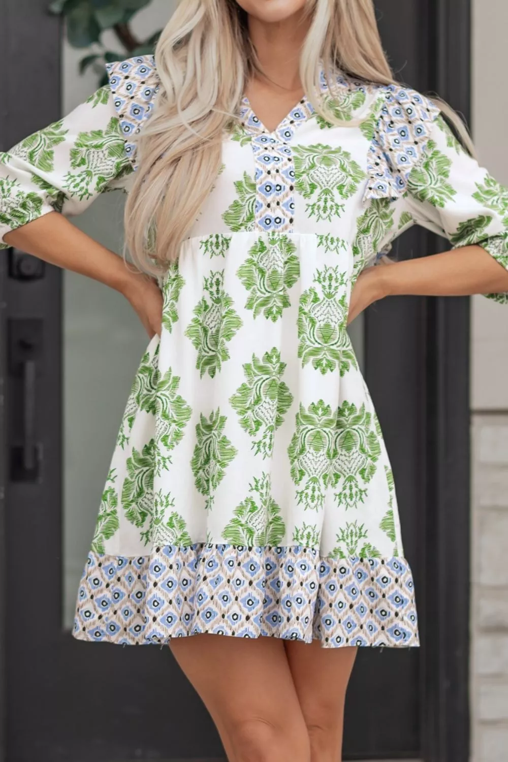 Floral Print Contrast Patchwork Ruffle Detail Mini Dress, image 4