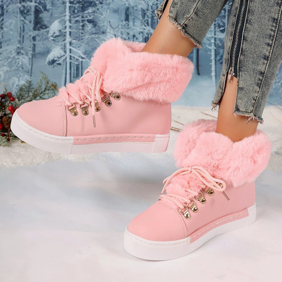 Fuzzy Trim Lace-Up Ankle Boots, image 19