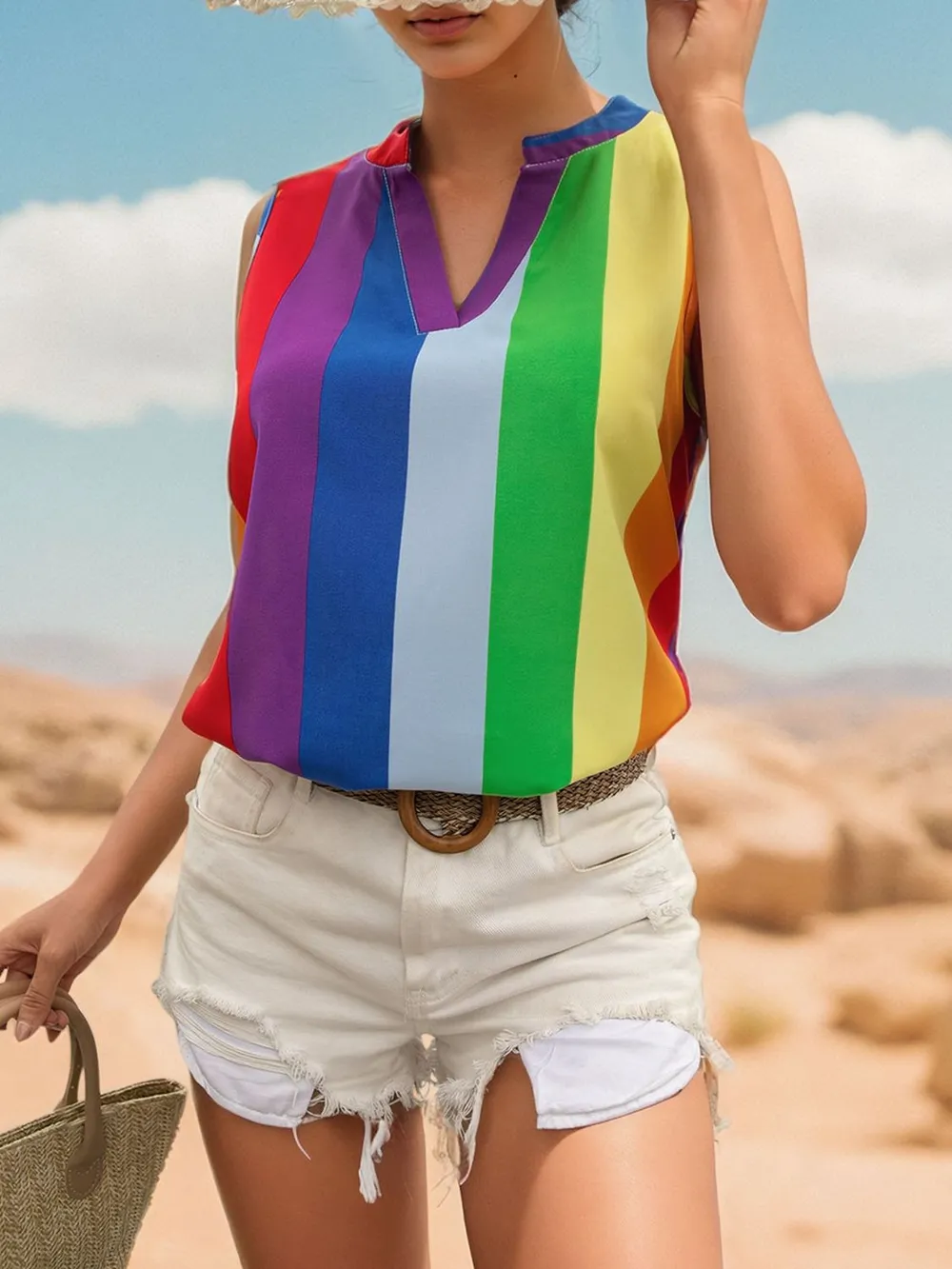 Color Block Notched Sleeveless Top, image 5