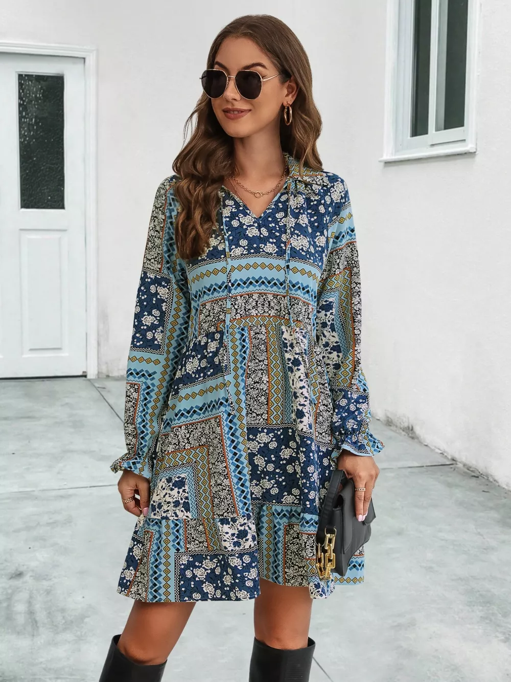 Boho Floral Print Long Sleeve Mini Dress, image 7