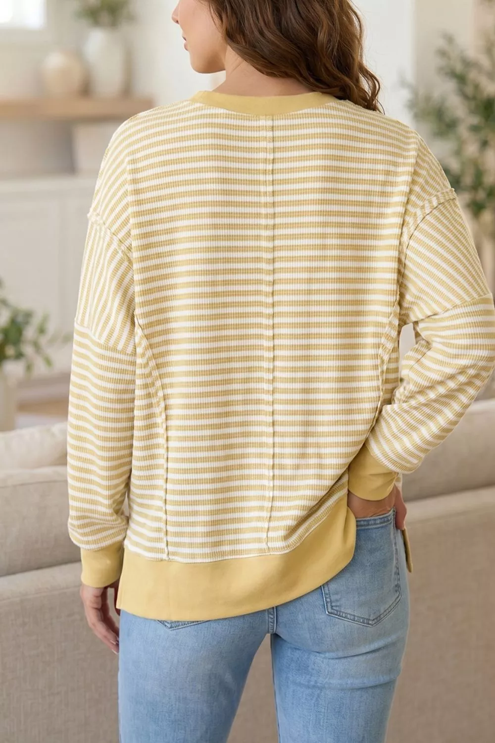 Stripe Textured Knit Color Block Trim Split Hem Long Sleeve Top, image 2