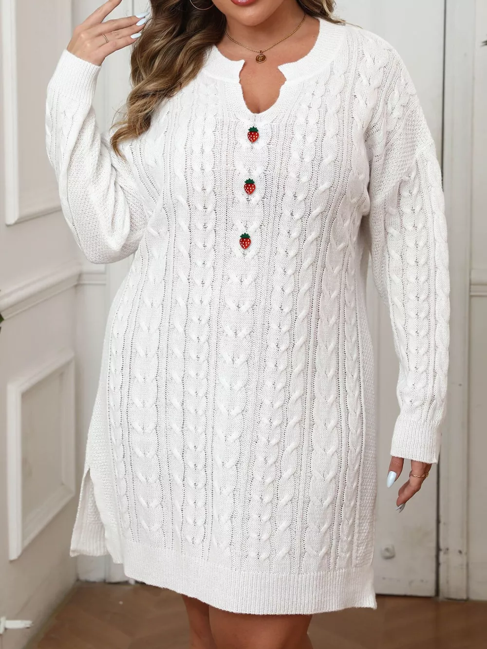Plus Size Strawberry Cable Knit Sweater Dress, image 4