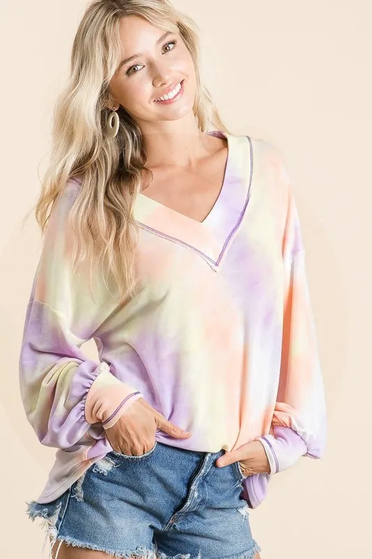 Tie Dye French Terry V-Neck Top with Puff Sleeves, image 7