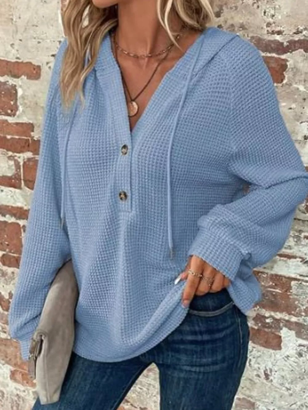 Waffle Knit Button Detail Hoodie, image 11