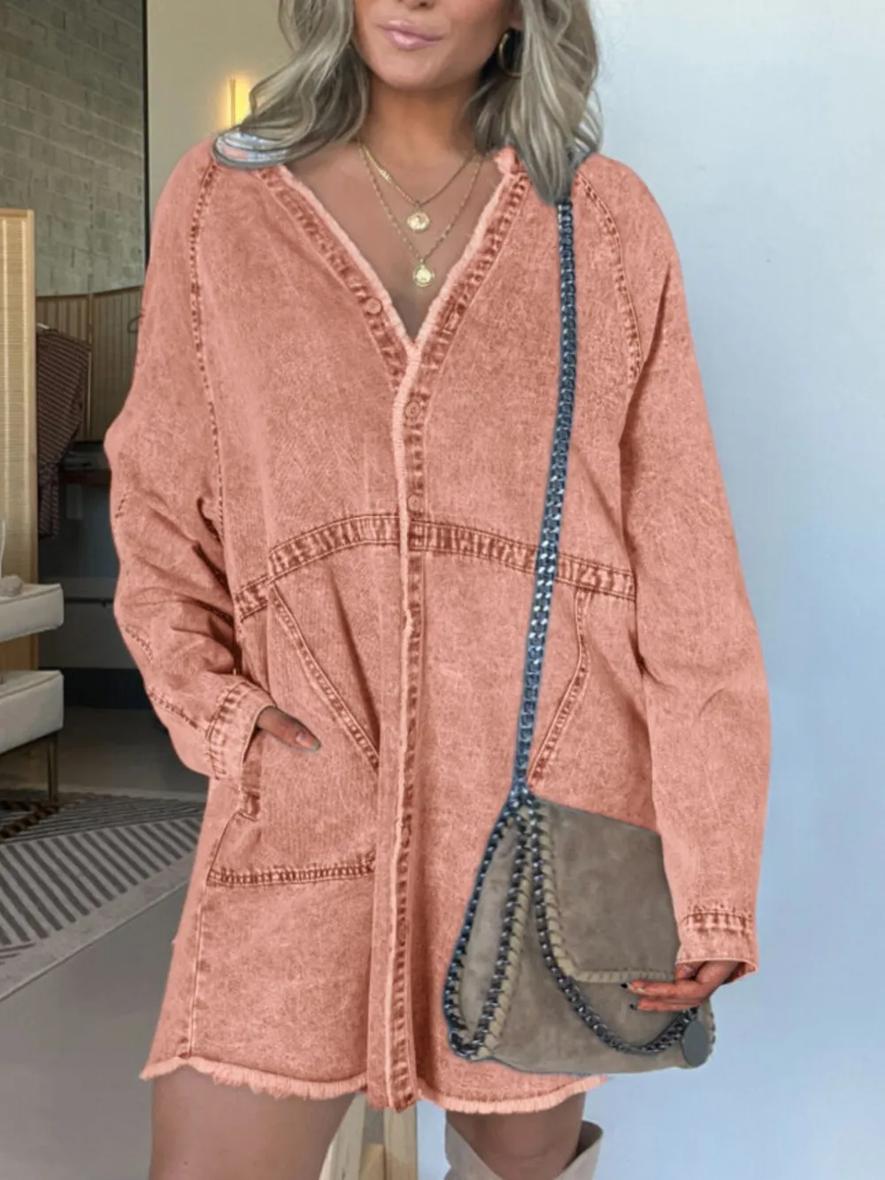 Full Size Button-Front Long Sleeve Denim Shirt Dress Plus Size, image 15