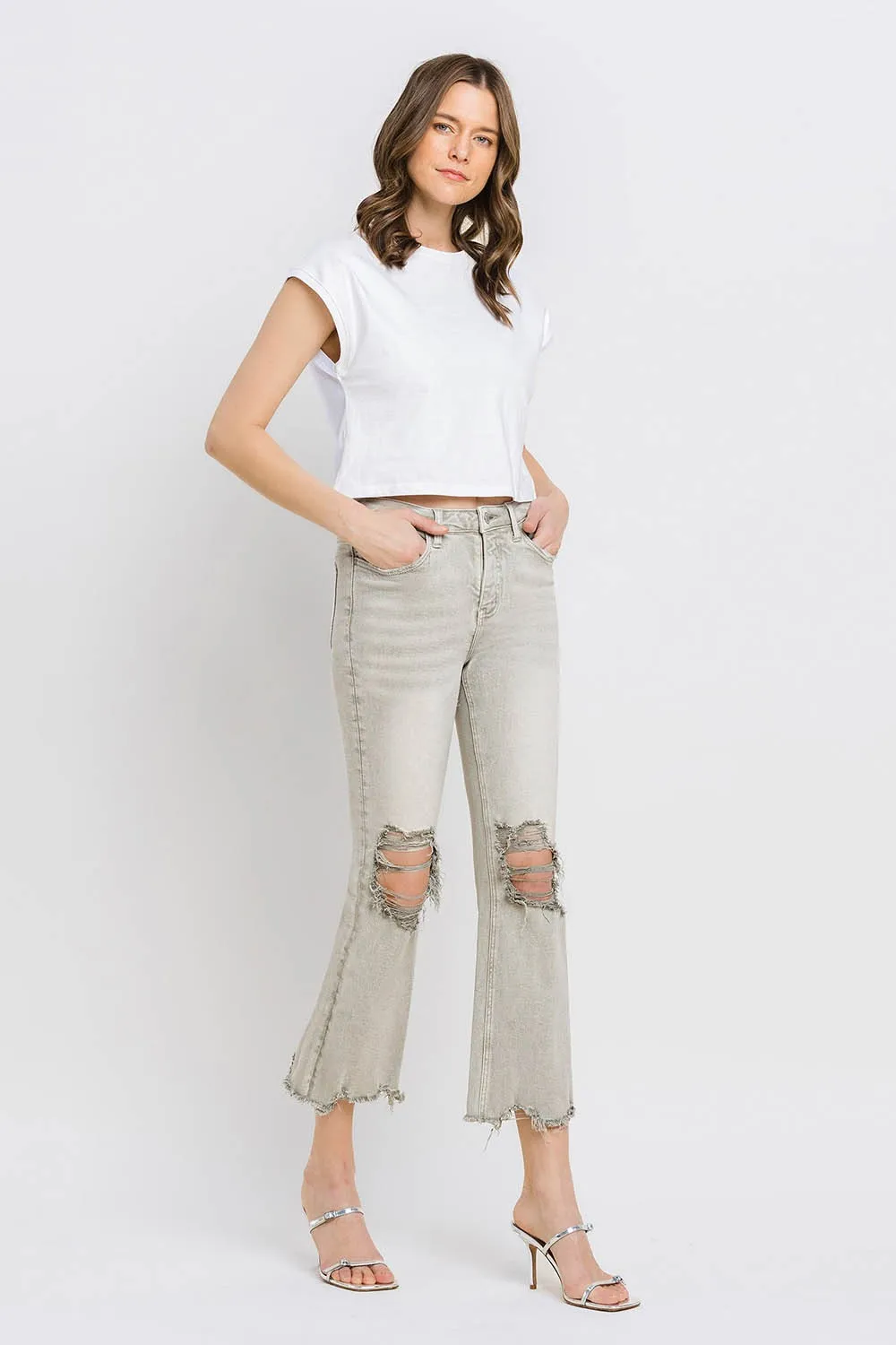 Distressed Raw Hem Cropped Flare Jeans, image 6