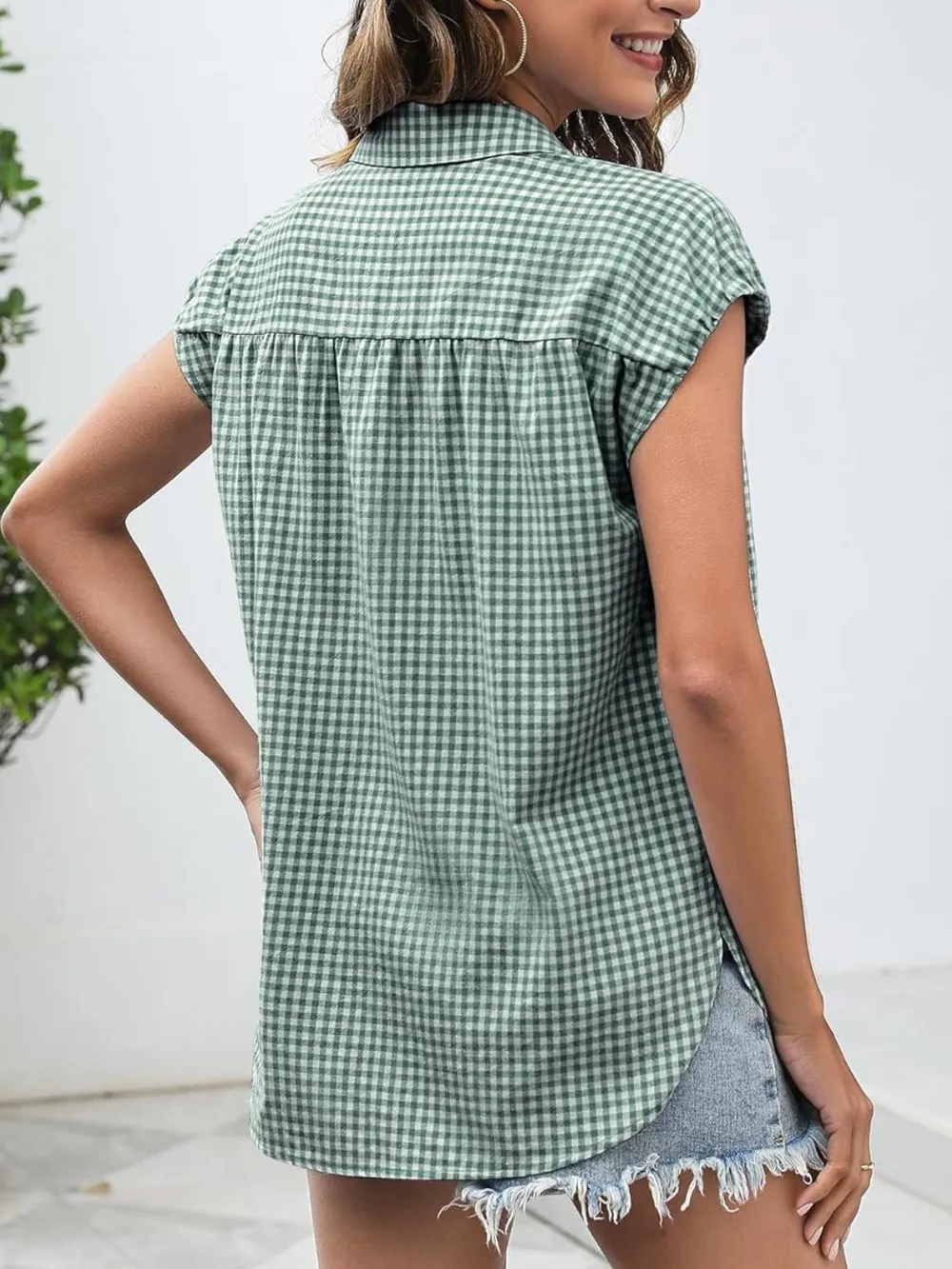 Plaid Button Up Cap Sleeve Shirt, image 18