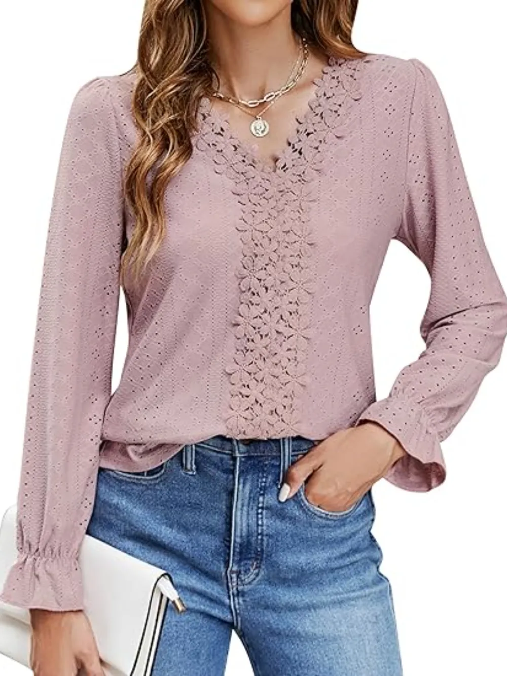 Lace Detail Eyelet V-Neck Flounce Sleeve Blouse, image 3