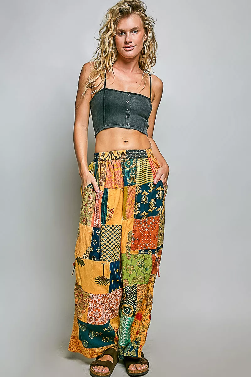Printed Patchwork Wide Leg Pants with Adjustable Side Drawstring, image 5