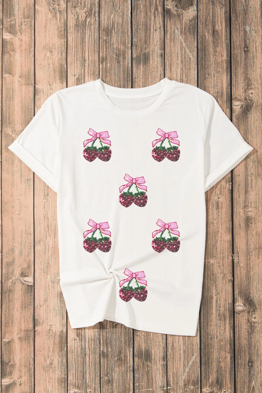 Sequin Cherry Round Neck Short Sleeve T-Shirt, image 4