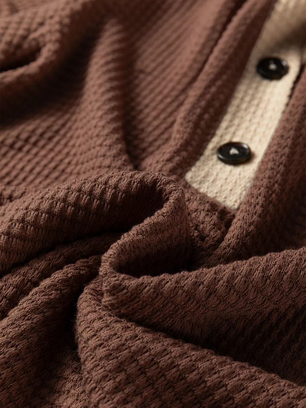 Waffle Contrast Half Buttoned Hooded Pullover Top, image 5