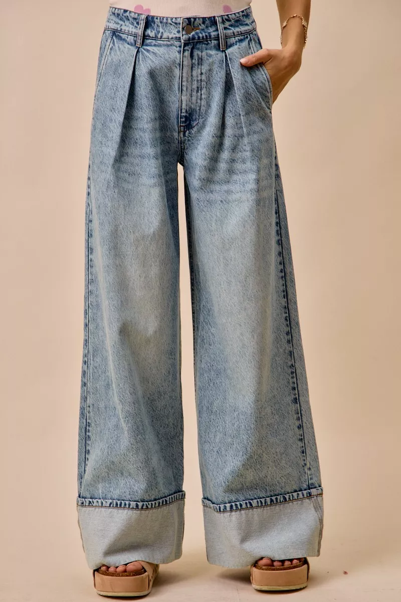 Mid Rise Plated Wid Leg Denim Jean, image 2