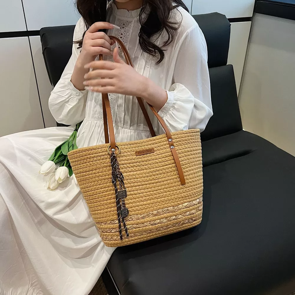 Woven Straw Tote Handbag with Leather Straps, image 2