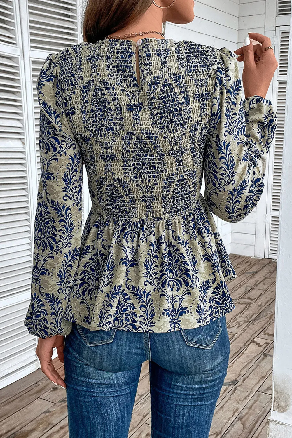 Peplum Printed Round Neck Long Sleeve Blouse, image 3