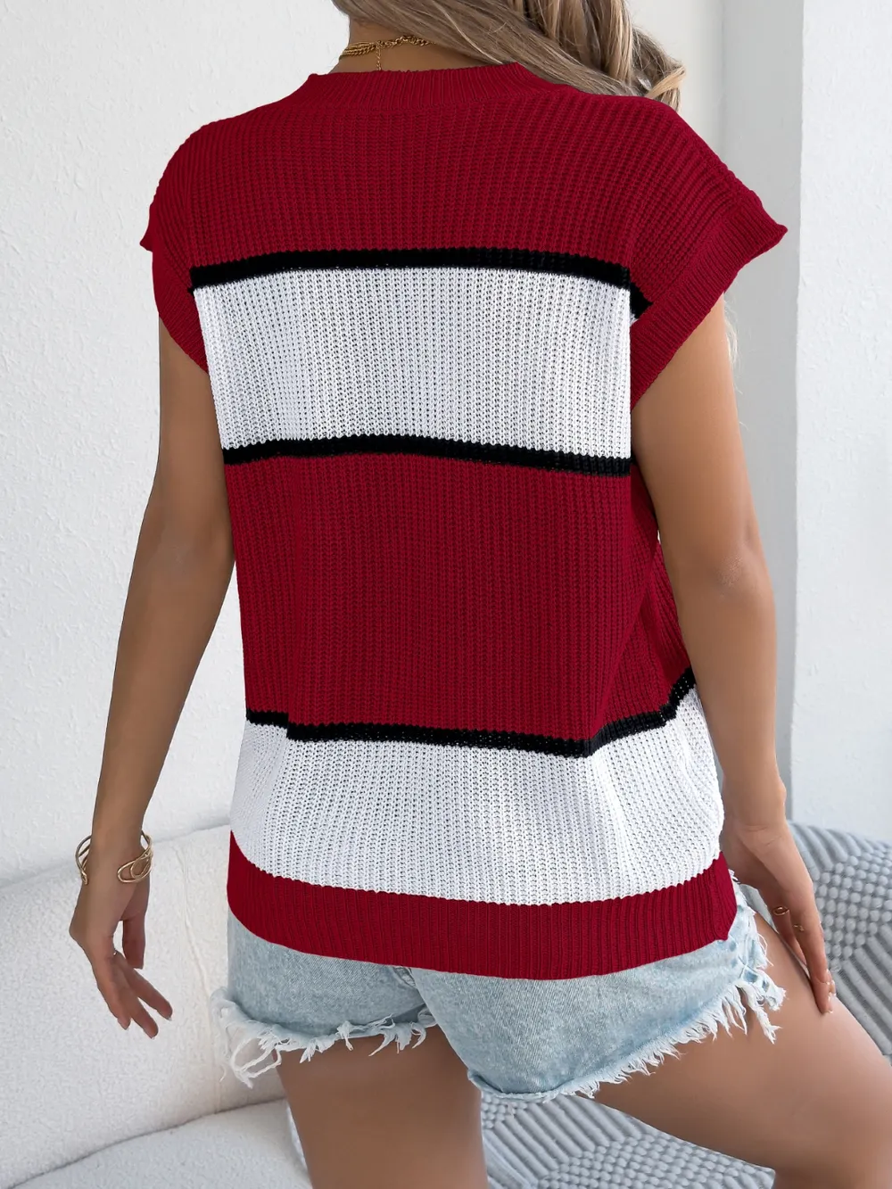 Color Block Round Neck Cap Sleeve Knit Top, image 4