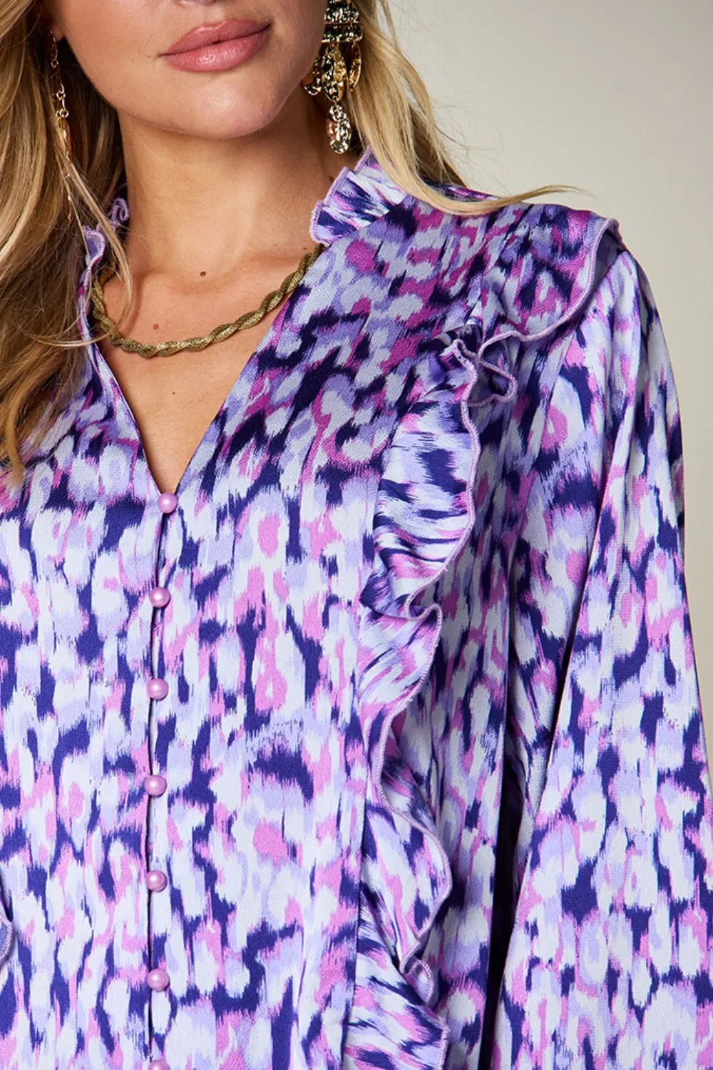 Full Size Printed Ruffle Trim Balloon Sleeve Shirt, image 16