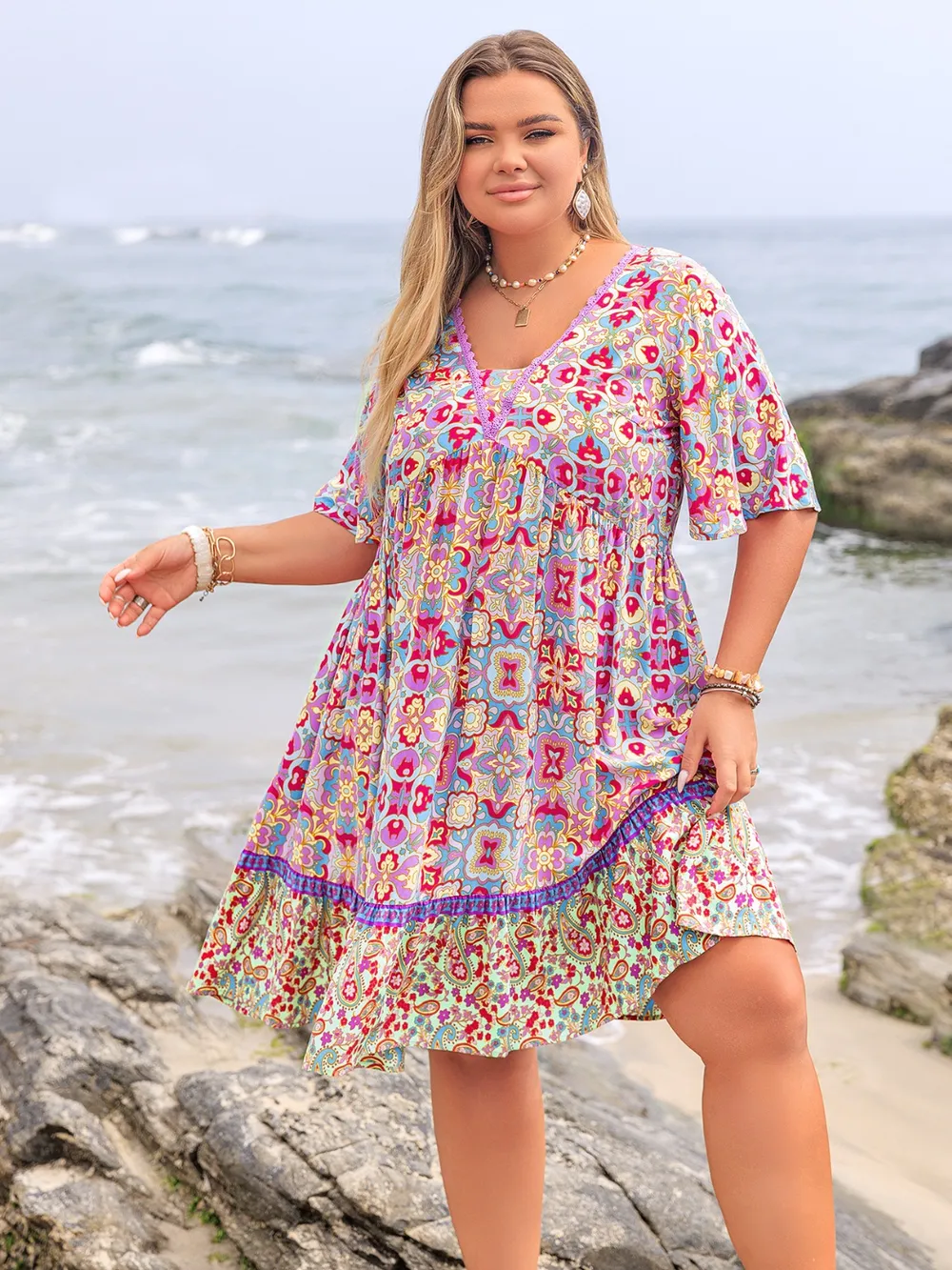 Plus Size Lace Detail Printed Half Sleeve Dress, image 7