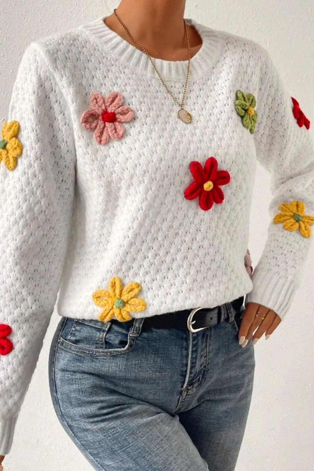 Crochet Flower Round Neck Long Sleeve Sweater, image 11