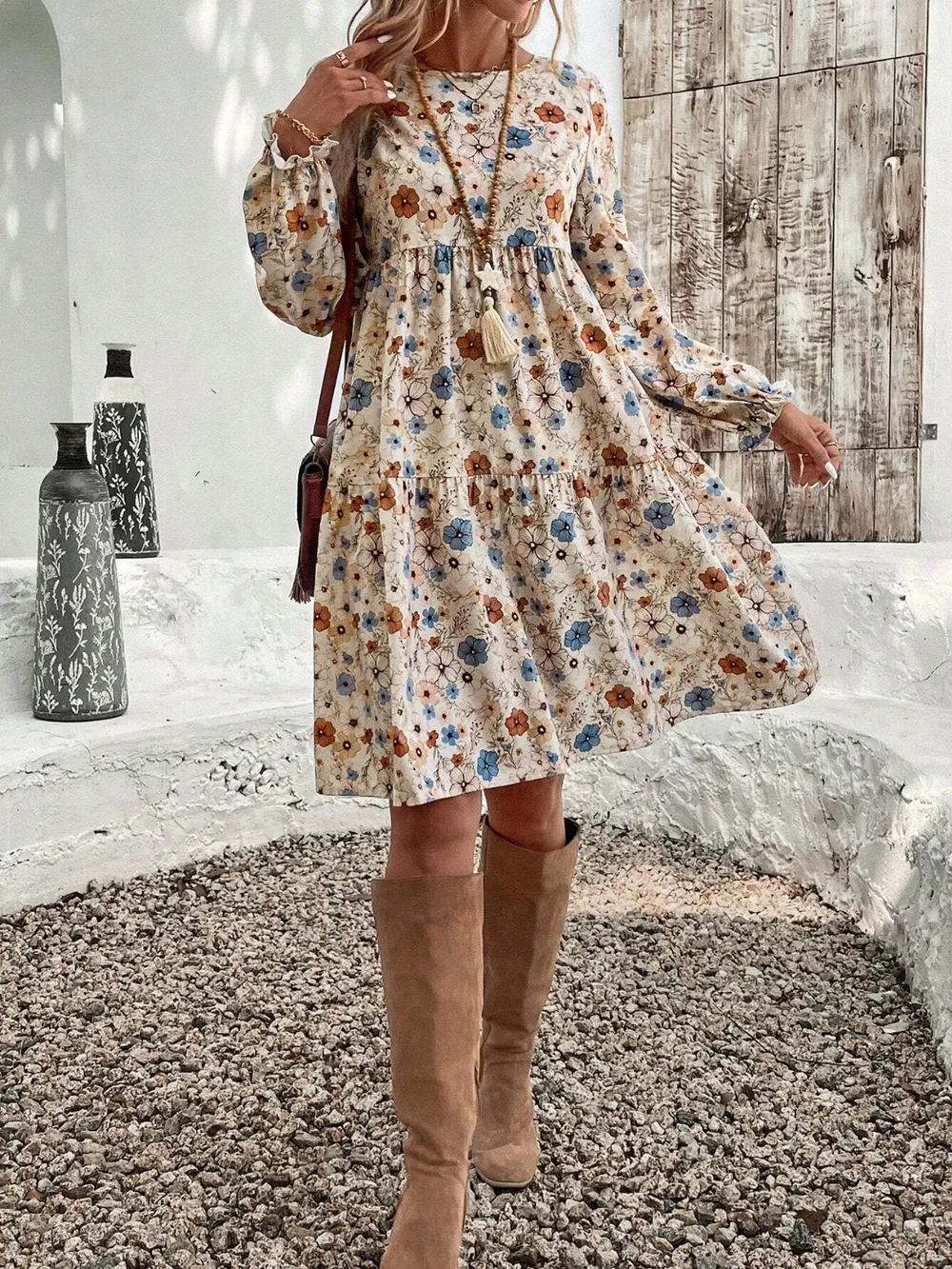 Tiered Floral Round Neck Long Sleeve Dress, image 5