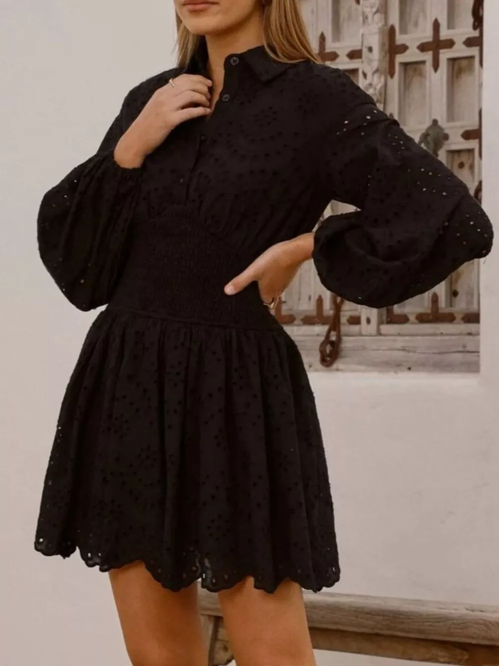 Eyelet Balloon Sleeve Mini Dress, image 8