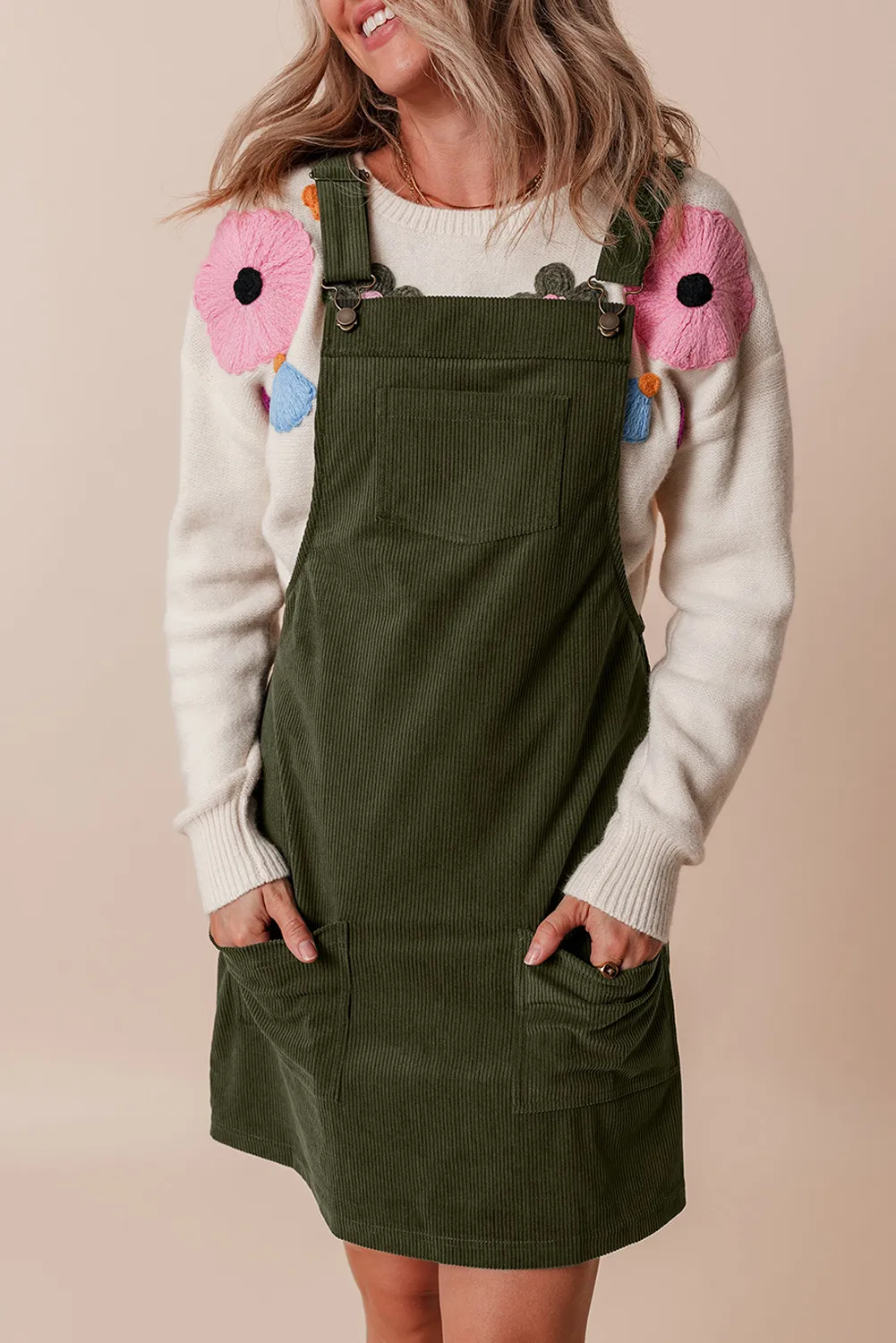 Pocketed Square Neck Wide Strap Overall Dress, image 6