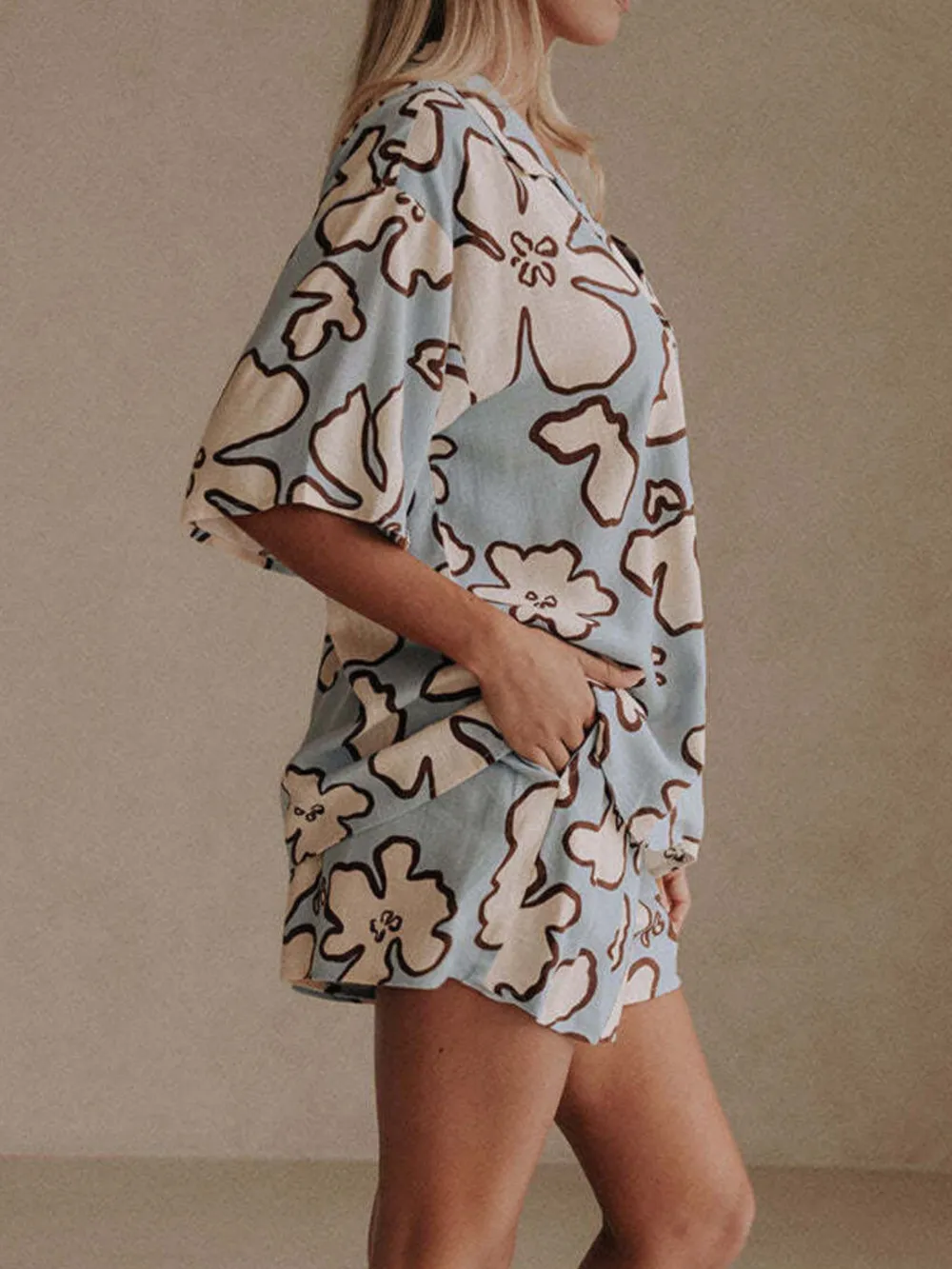 Printed Button Up Shirt and Shorts Set, image 3