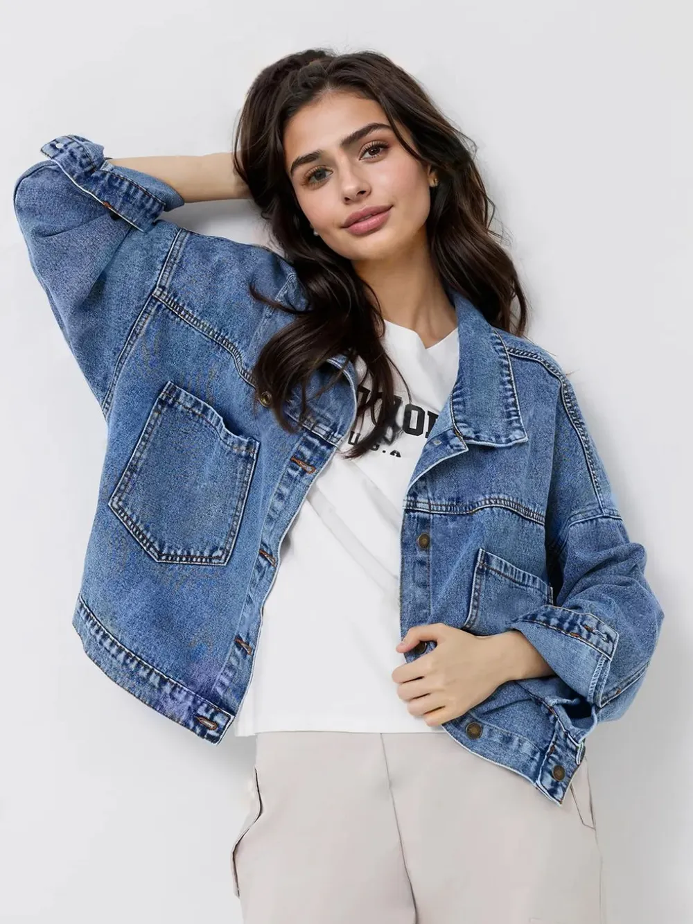 Pocketed Button Up Long Sleeve Denim Top, image 4