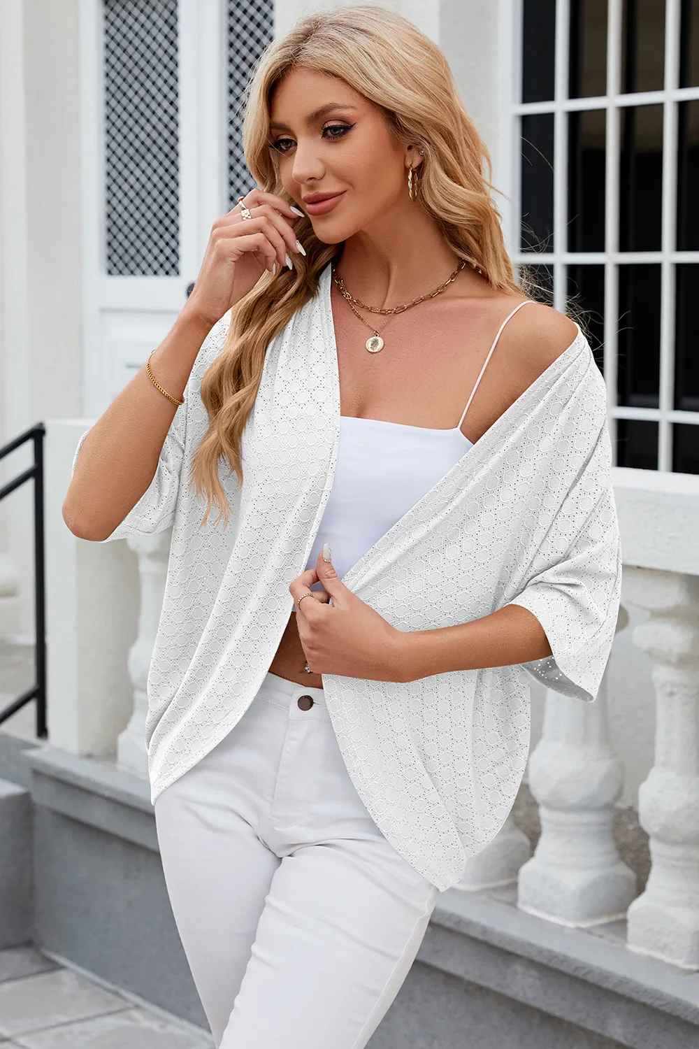 Eyelet Open Front Half Sleeve Cardigan, image 20