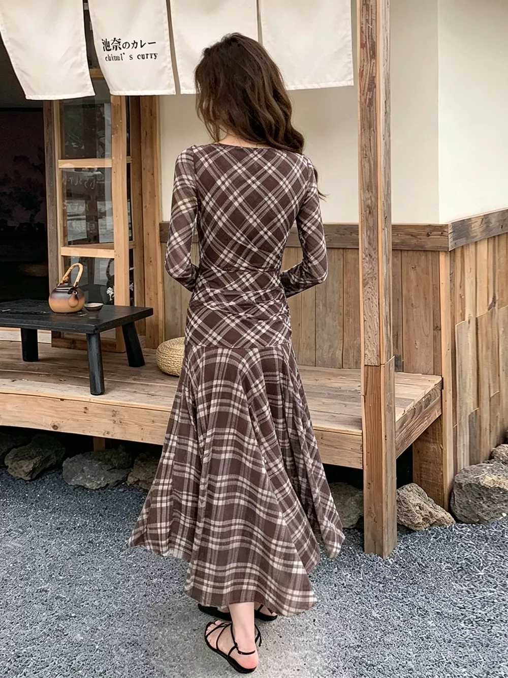 Plaid Long-Sleeve Slim-Fit Maxi Dress, image 6