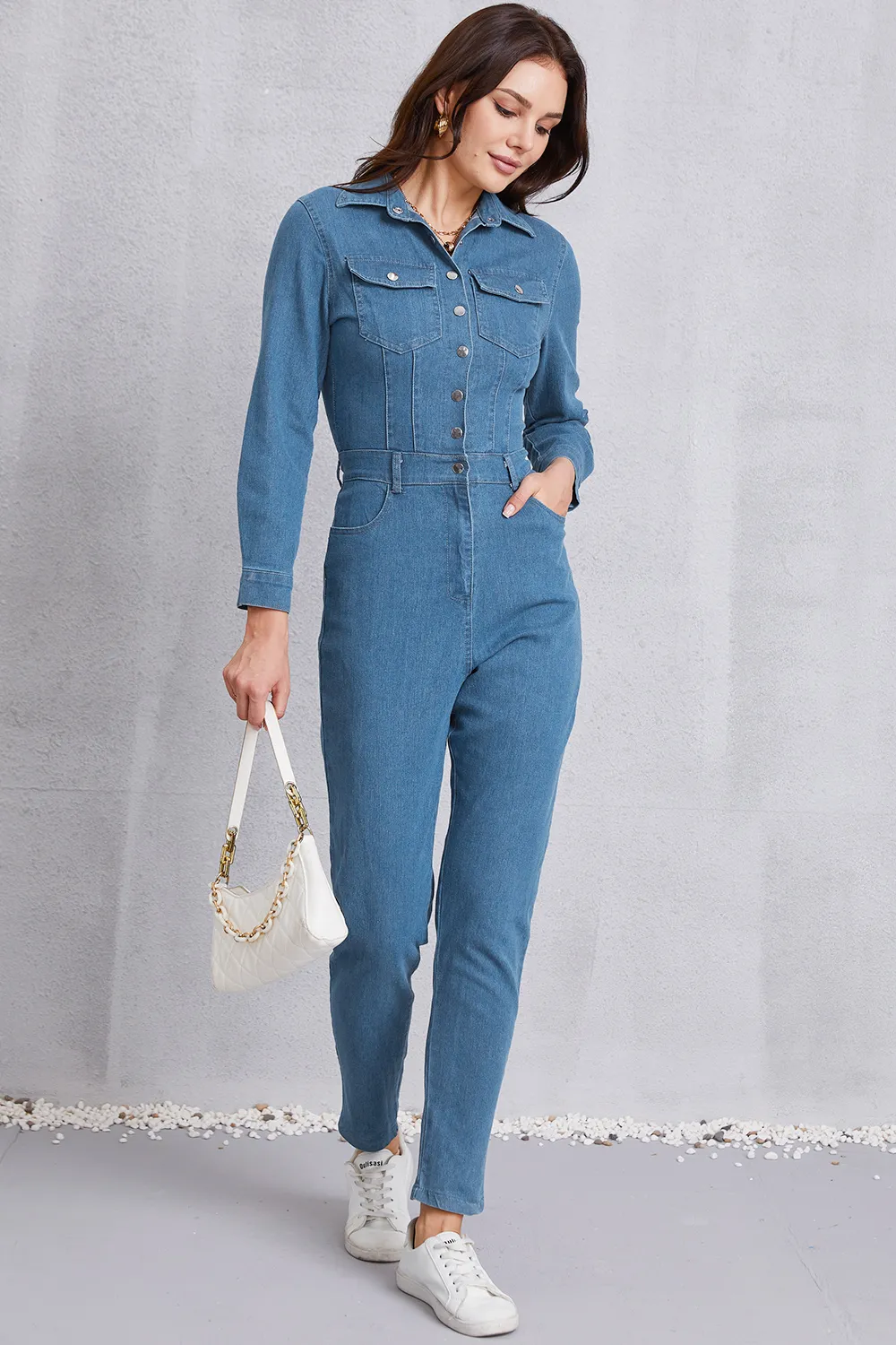 Snap Down Denim Jumpsuit with Pockets, image 7