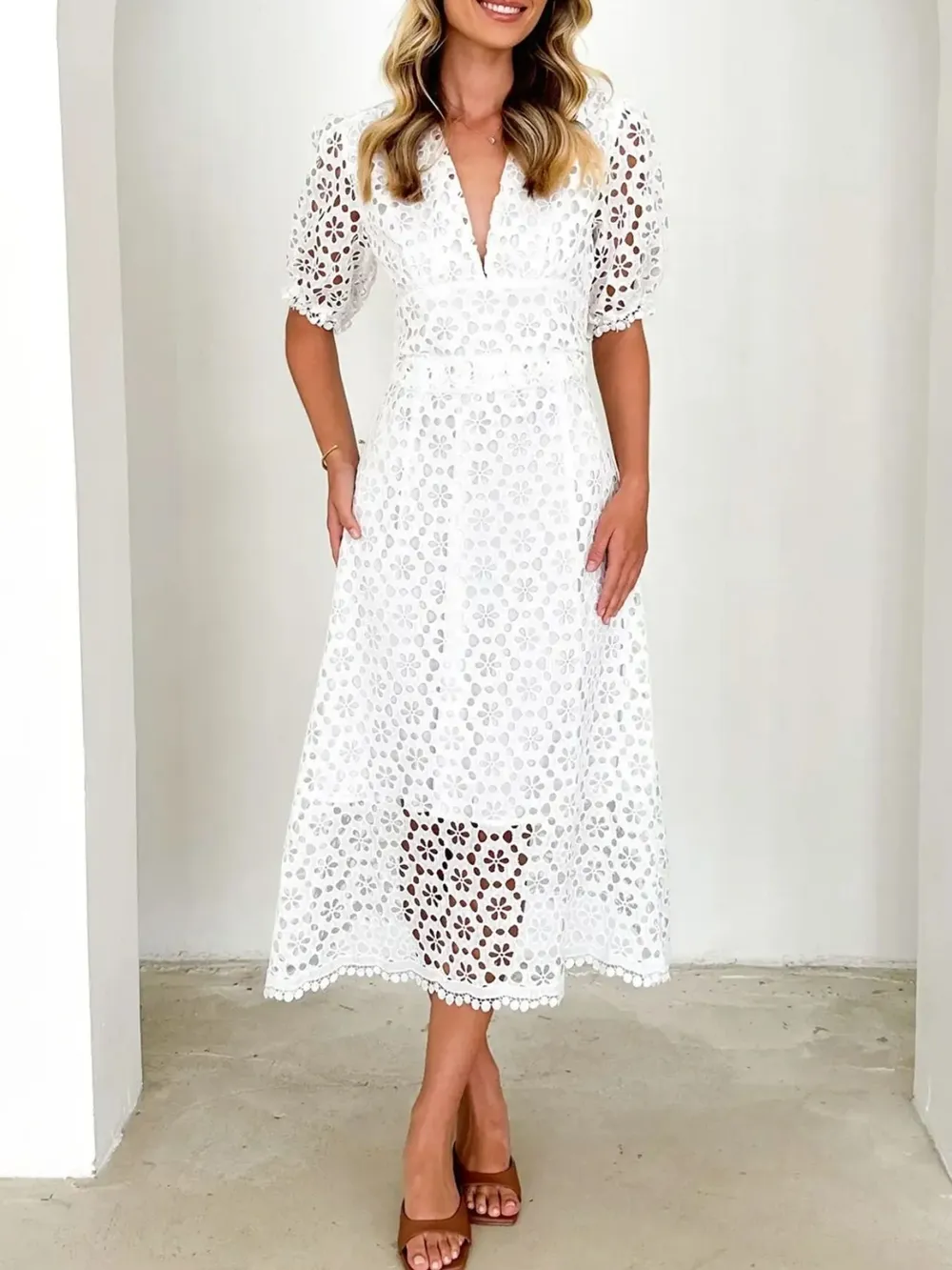 Eyelet Lace V-Neck Midi Dress with Puff Sleeves, image 19