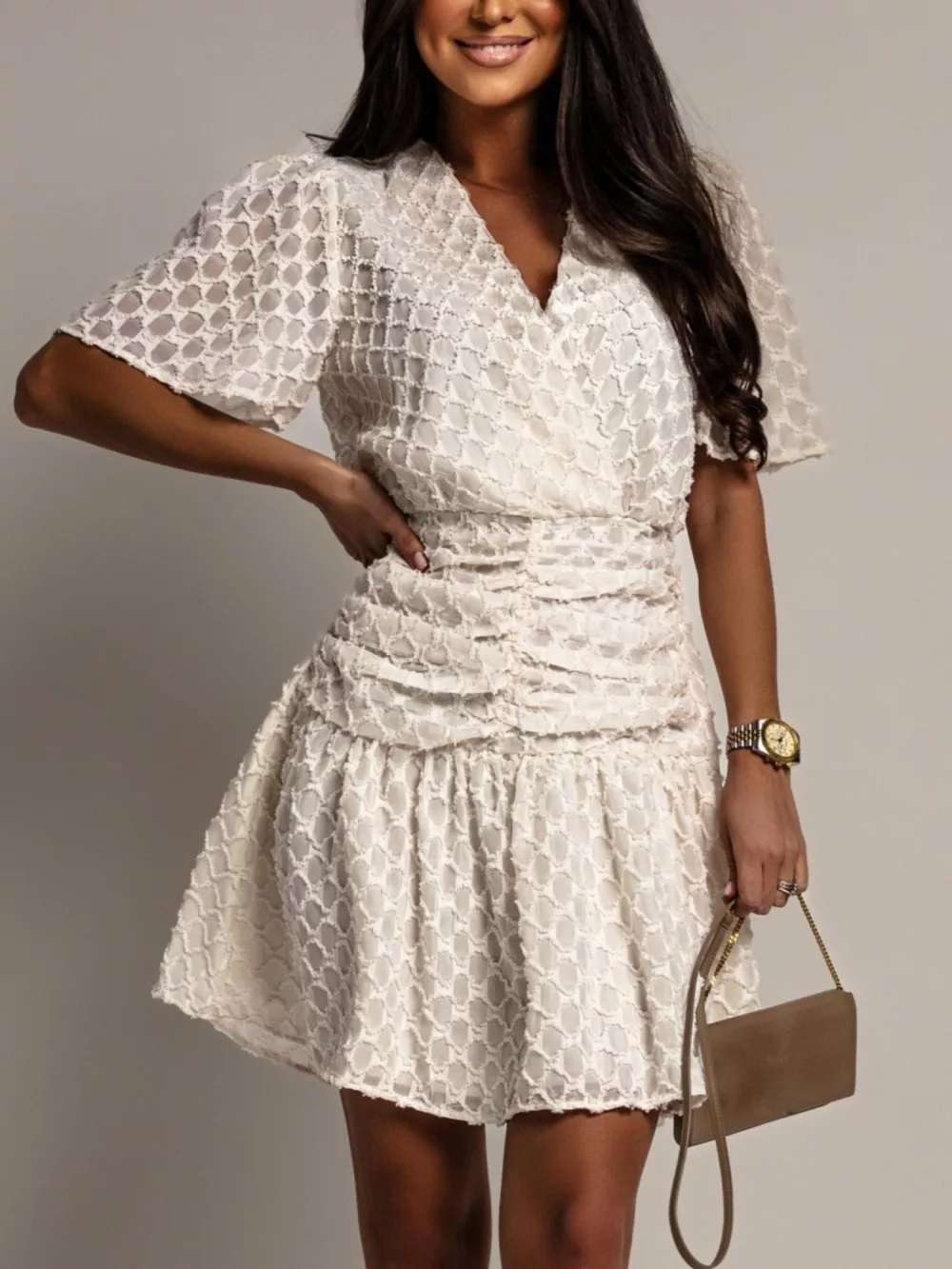 Textured Ruched Surplice Short Sleeve Dress