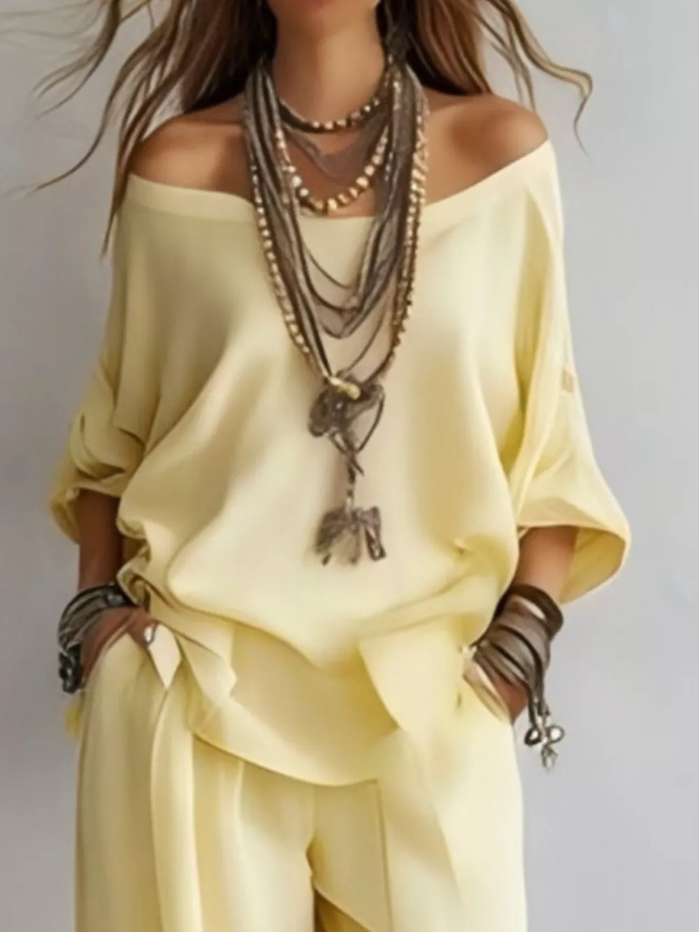 Off-Shoulder Loose Fit Top and Pants Two-Piece Set, image 9
