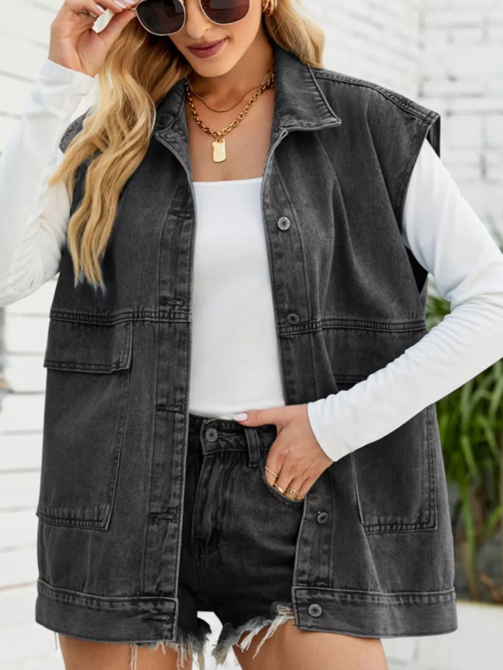 Sleeveless Button-Down Denim Jacket, image 8