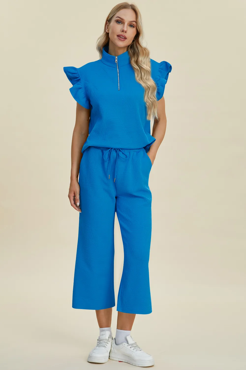 Full Size Texture Ruffle Short Sleeve Top and Wide Leg Pants Set, image 27