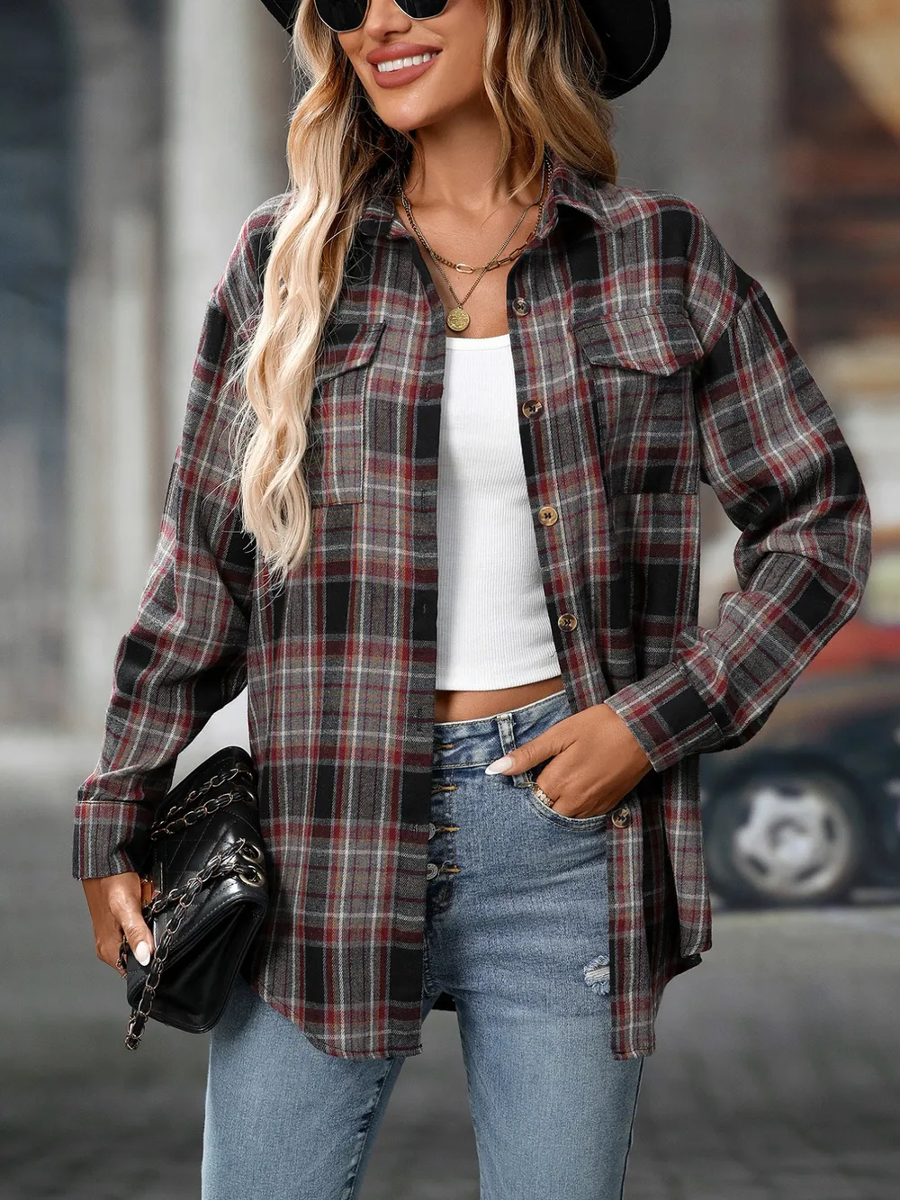 Oversized Plaid Button-Up Shirt, image 16