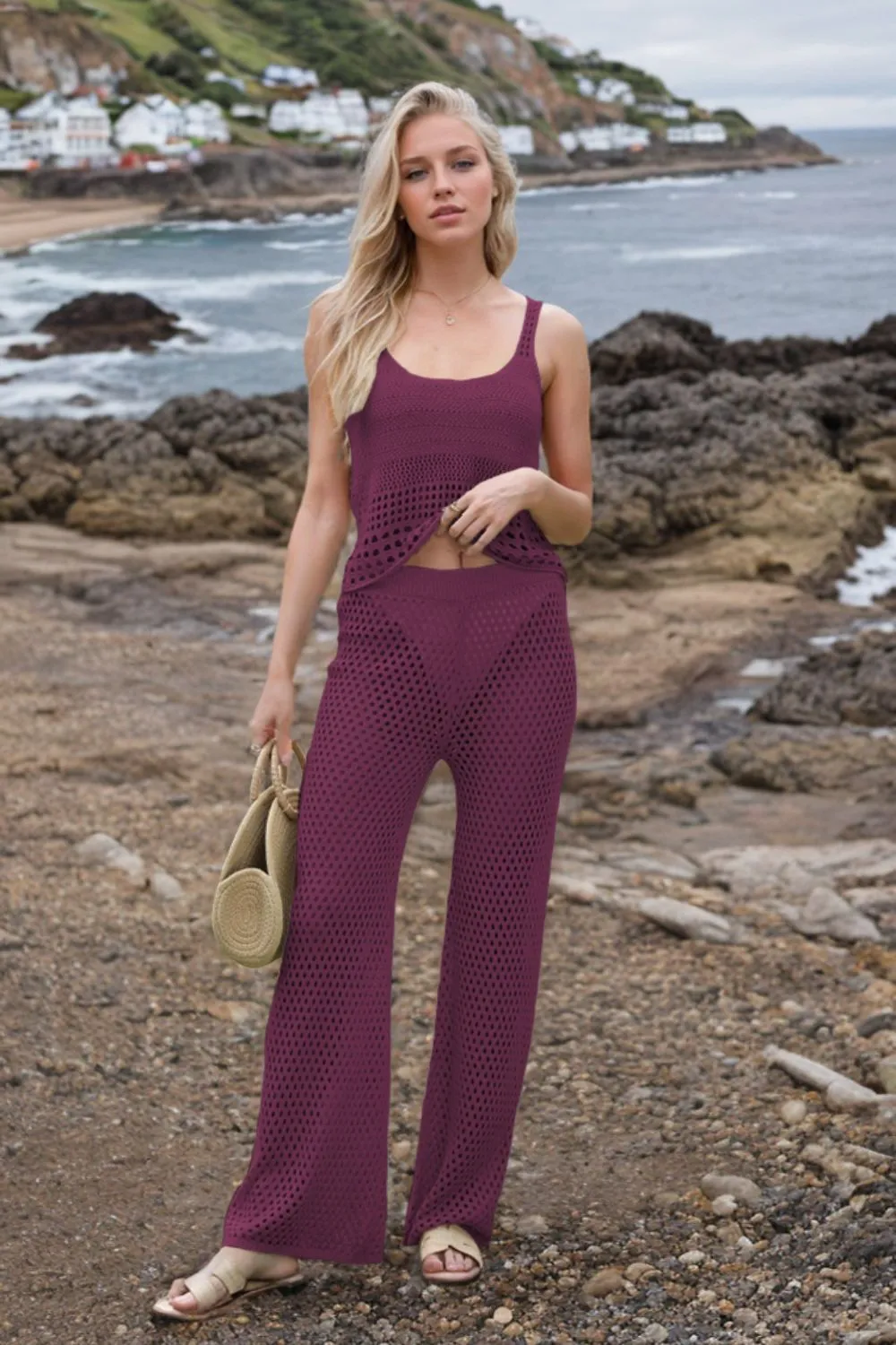 Hollow Out Round Neck Top and Pants Sweater Cover Up Set, image 17