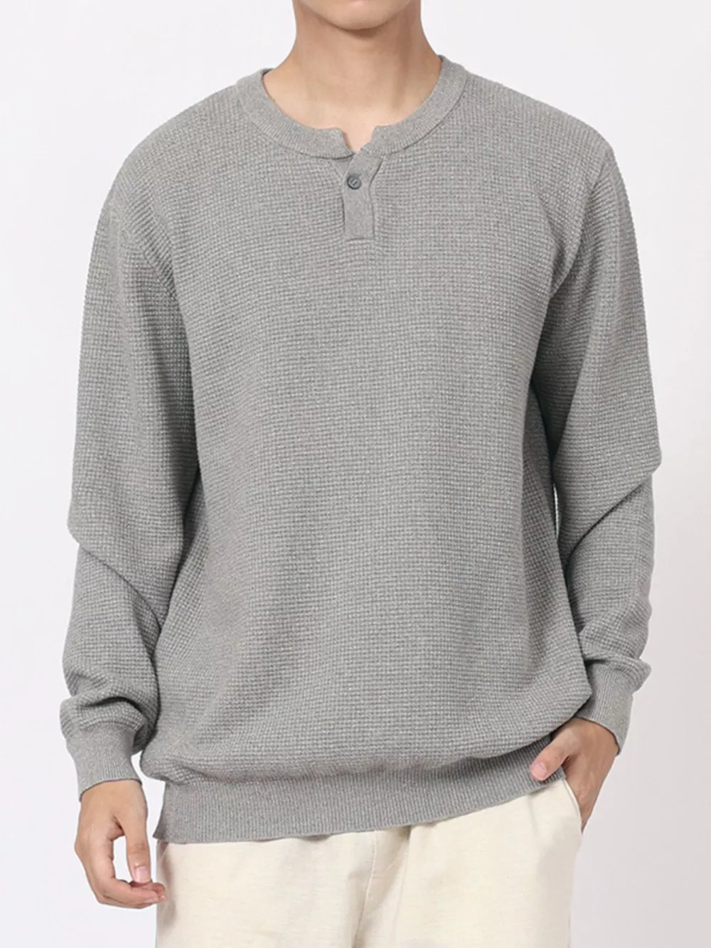 Men's Plus Size Button Detail Waffle Knit Top, image 2