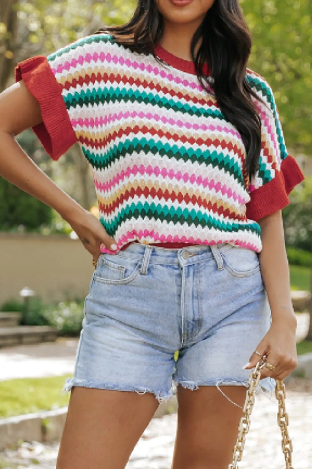 Contrast Round Neck Short Sleeve Sweater, image 18
