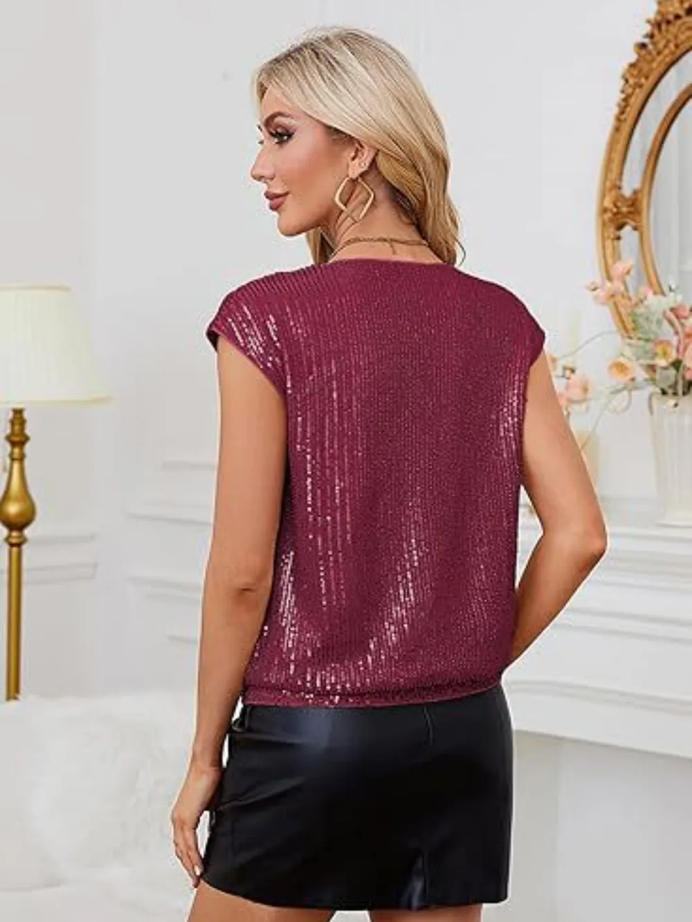 V-Neck Sequin Cap Sleeve Top, image 10