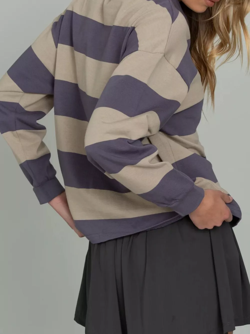 Striped Polo Collar Sweatshirt with Button Details, image 7