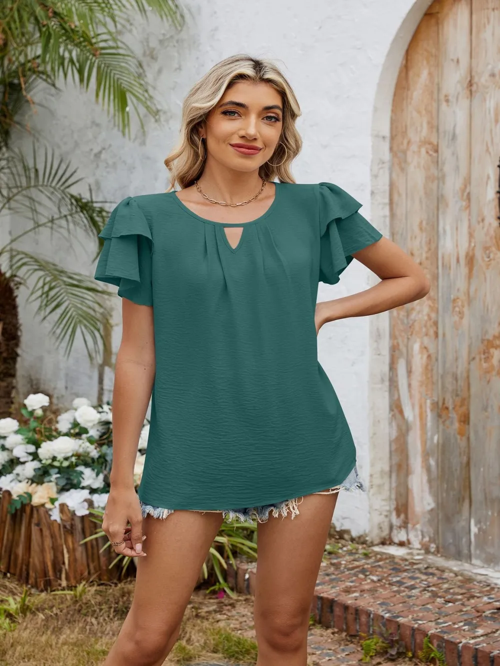 Cutout Round Neck Short Sleeve Blouse, image 9