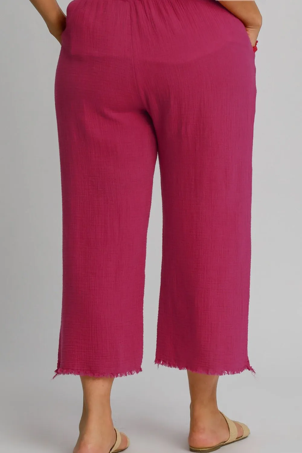 Full Size Raw Hem Elastic Waist Wide Leg Pants Plus Size, image 3