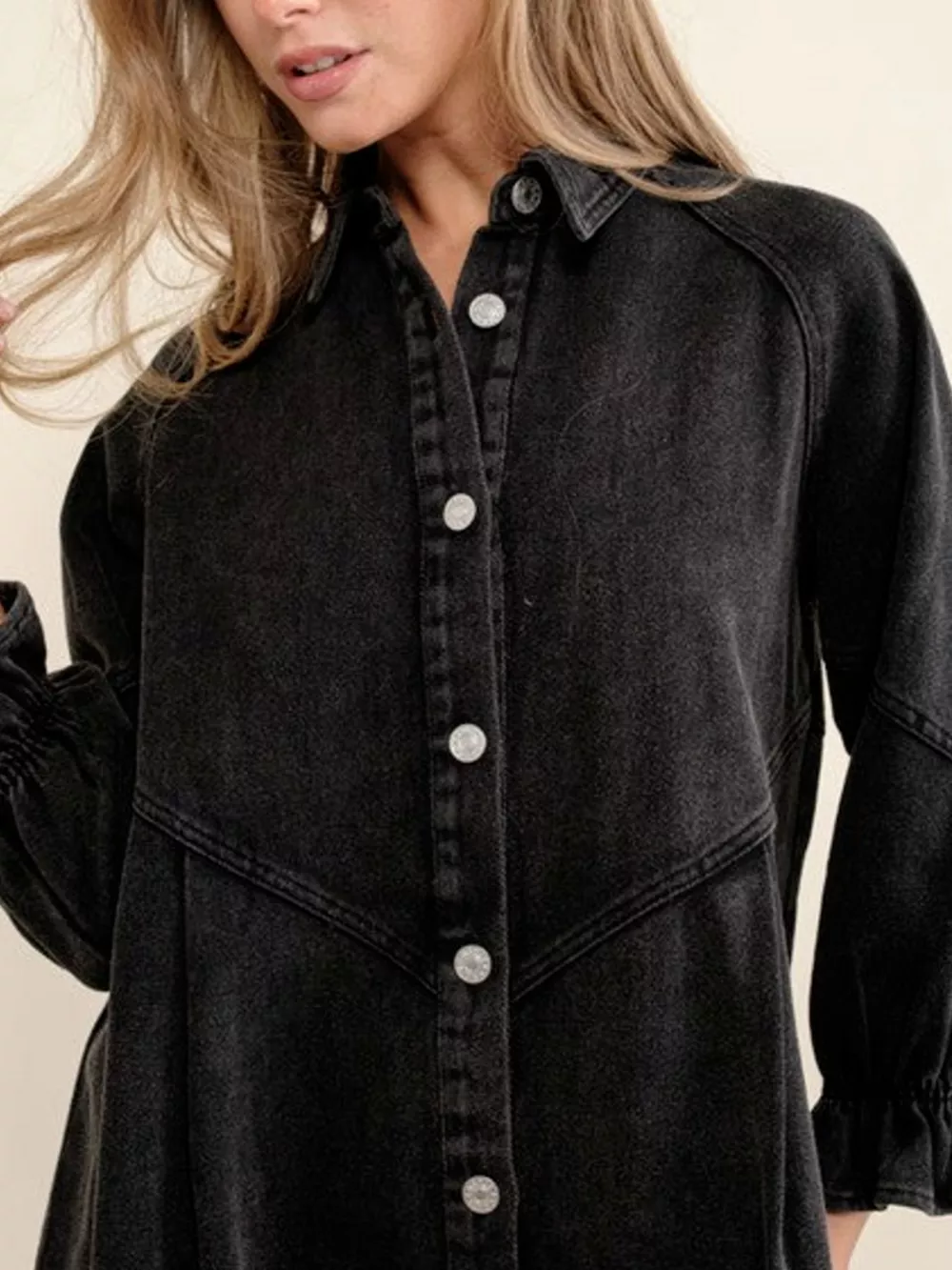 Ruffled Cuff Button-Down Denim Dress, image 16